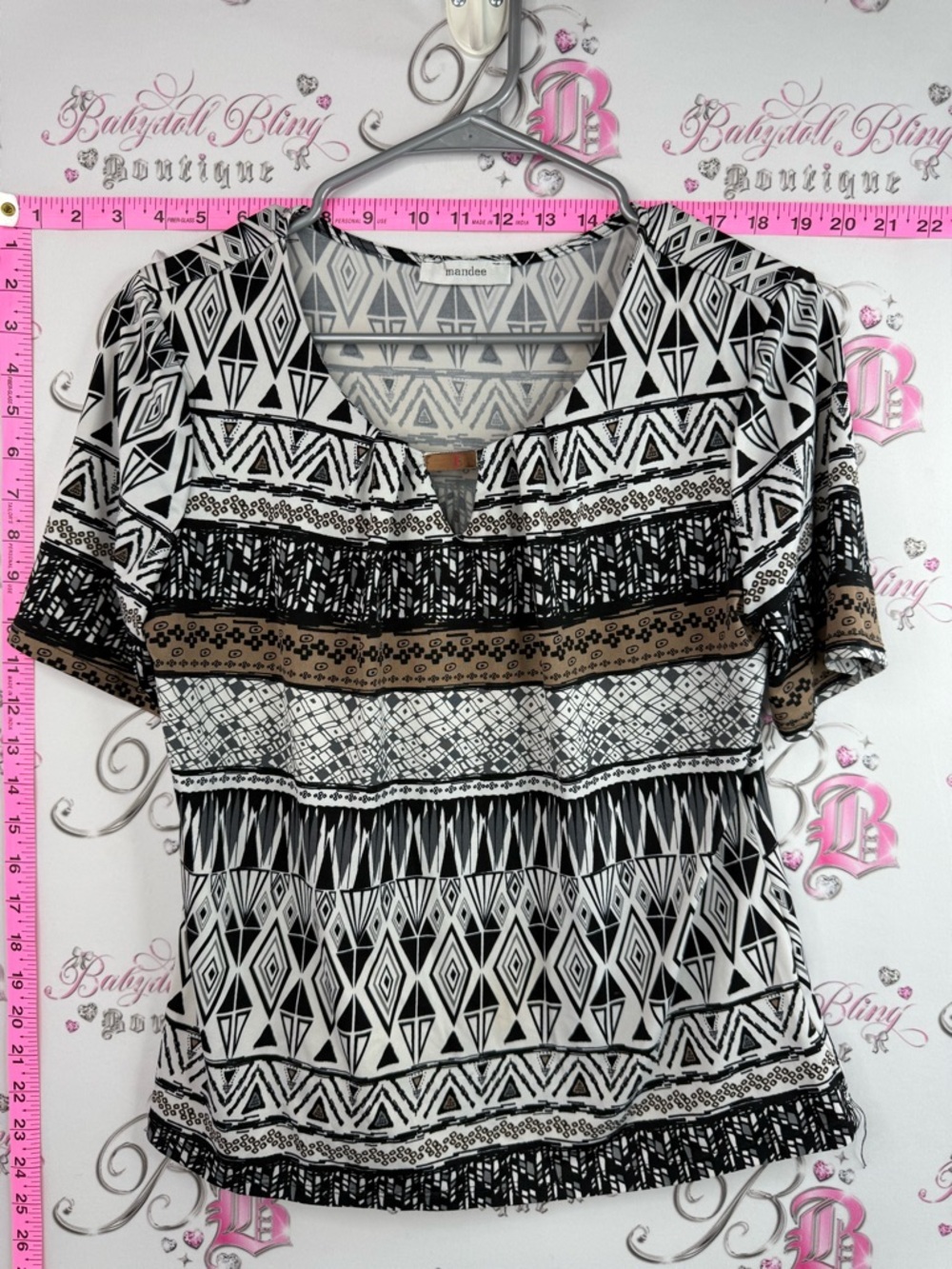 mandee T-shirt Aztec metal detail Black, White & Tan Geometric Short Sleeve Top